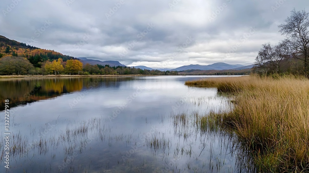 Poster panoramic view of a tranquil lake surrounded by colorful trees and mountains reflecting on the water