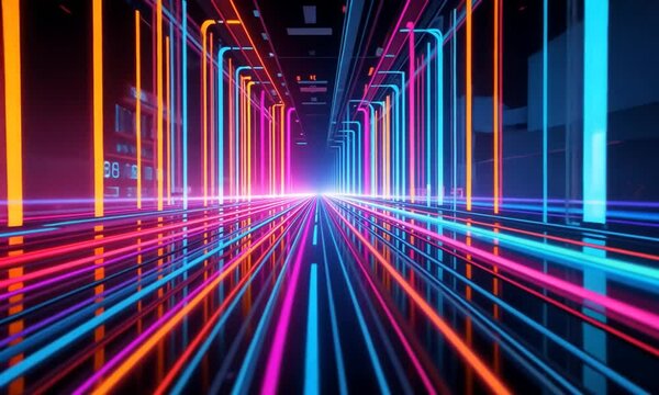 Futuristic colorful electric cables lines and led ight effect background for digital technology Trendy wallpaper spectrum. 4k