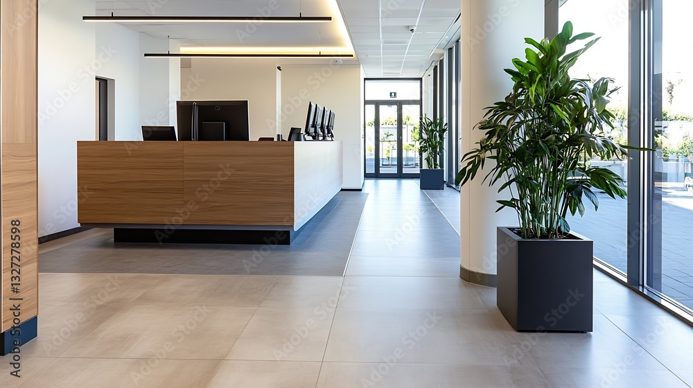 Poster modern reception area featuring elegant design with wood elements and lush plants for a welcoming at
