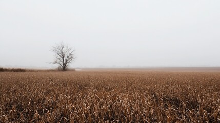 Foggy winter day with a solitary tree in a barren field under a gray sky : Generative AI