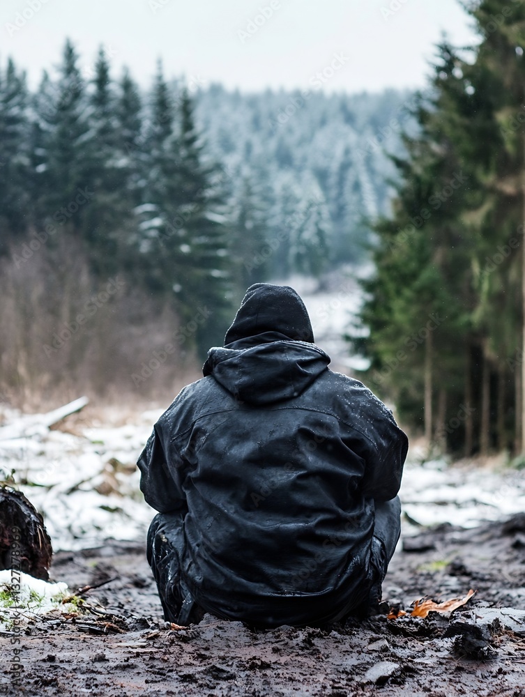 Poster person sitting in the forest surrounded by snowy pines in a reflective moment of solitude : generati