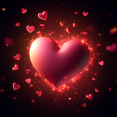 Vector illustration of a pink heart with small red hearts around it on a dark background,