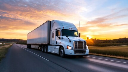 Obraz premium Elegant white semi truck driving along a wide road during a picturesque sunset : Generative AI
