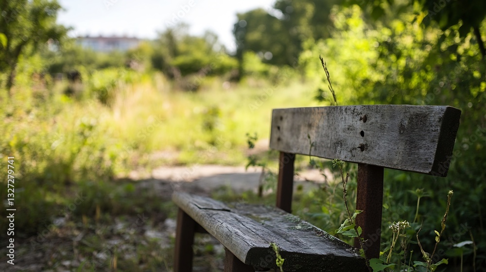 Aufkleber abandoned wooden bench overgrown with weeds in a rustic outdoor setting surrounded by lush greenery 