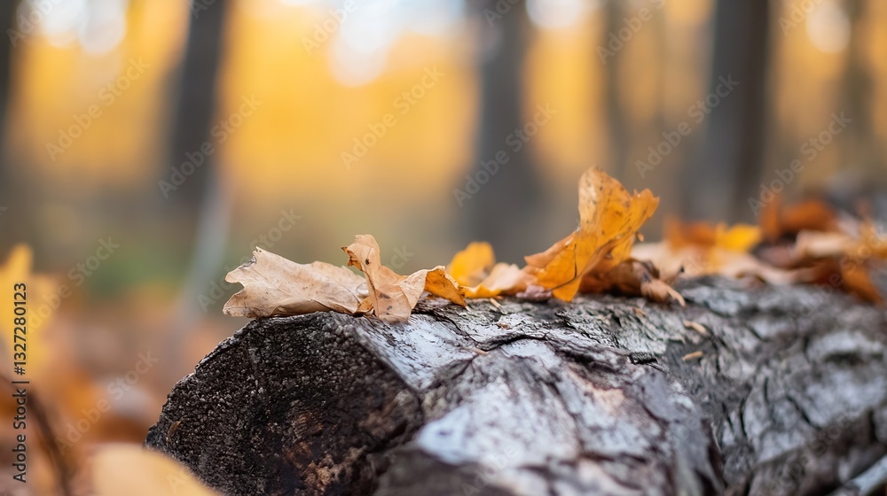 Aufkleber closeup view of autumn leaves on a log highlighting natural beauty and seasonal change in a forest :