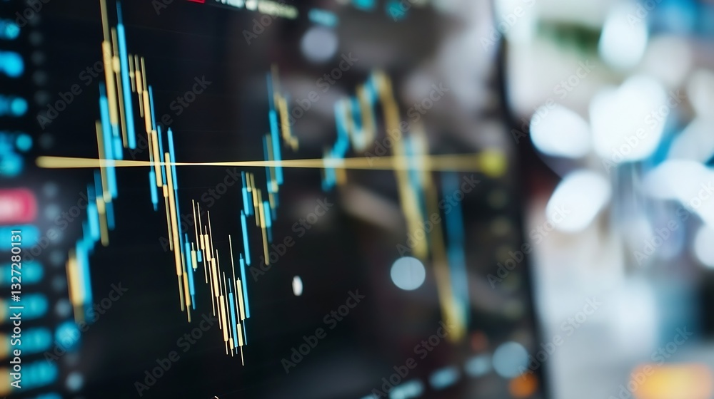 Poster Closeup of stock market chart displaying vibrant candlestick patterns on a digital screen : Generative AI