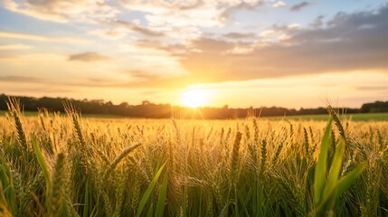 Fototapeta premium Golden sunset over a wheat field with close up view of the crops swaying in the gentle breeze : Generative AI