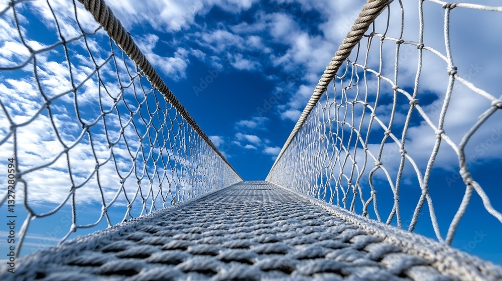 Poster captivating perspective of a rope bridge leading to majestic skies under soft white clouds : generat