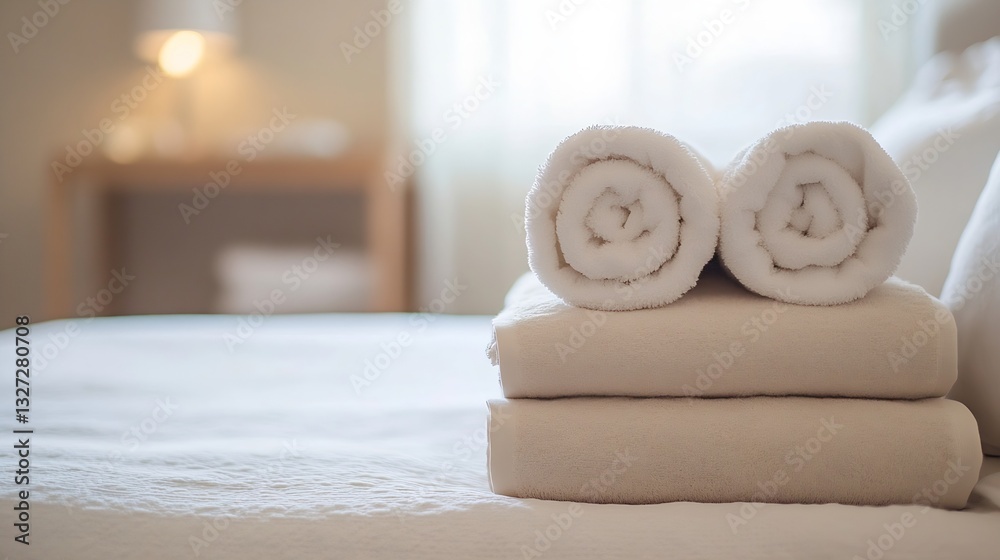 Aufkleber Soft and neatly arranged towels on a cozy bed creating a welcoming atmosphere for relaxation : Generative AI