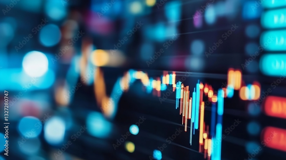 Poster Abstract representation of stock market trends and data visualizations shown in a vibrant and colorful digital display : Generative AI