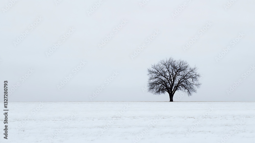 Poster solitary tree standing in a vast snowy landscape under a cloudy grey sky : generative ai
