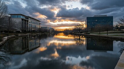 Buildings and water reflect dramatic sky during golden hour sunset