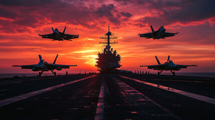 Fighter jets taking off and landing on aircraft carrier at sunset
