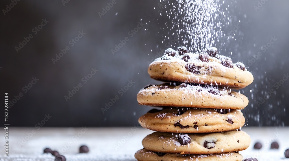 Poster stack of freshly baked chocolate chip cookies dusted with powdered sugar on a wooden table : generat