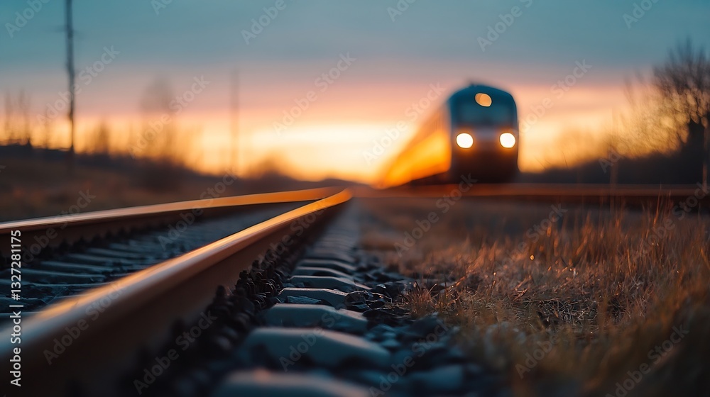 Poster Dynamic and captivating view of a train speeding along the tracks against a stunning sunset backdrop : Generative AI