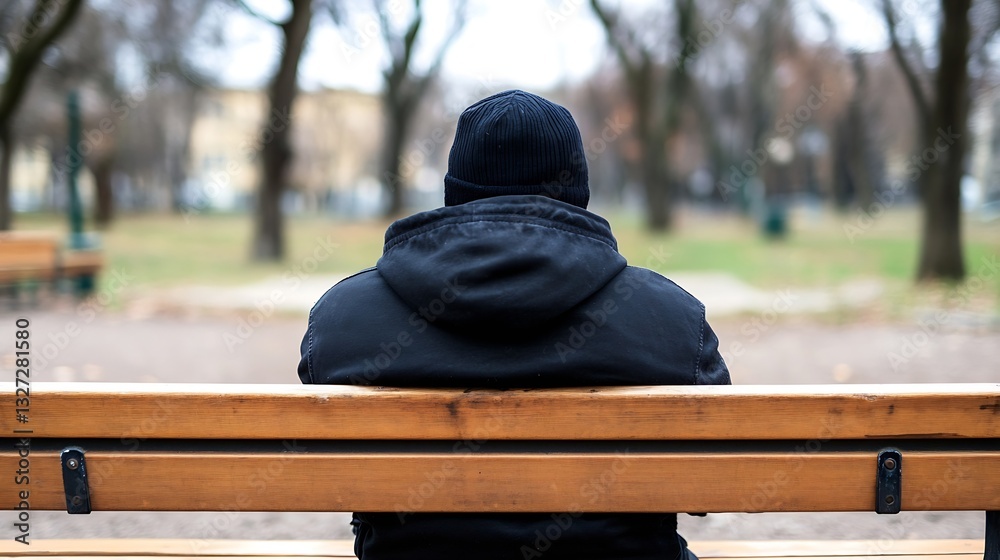 Poster Lonely figure sitting on a bench in a park surrounded by trees during a calm day : Generative AI