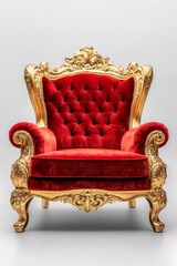 Luxurious golden baroque throne with red velvet upholstery on white background