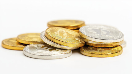 Digital coins stacked together, showcasing gold and silver colors, representing cryptocurrency wealth and investment opportunities
