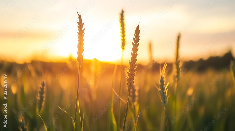 Poster golden wheat field glowing under the warm rays of the setting sun in a rural landscape : generative 