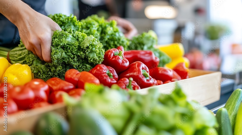 Poster Fresh and vibrant assorted vegetables displayed in a rustic market setting ready for sale : Generative AI