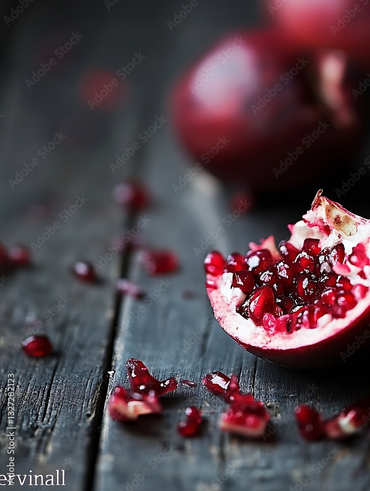 Poster artistic shot of a fresh pomegranate split open revealing juicy seeds on a rustic wooden table : gen