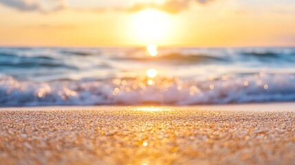 Obraz premium Gentle waves lapping at the sandy shore during a stunning sunset over the ocean horizon : Generative AI