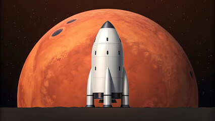 Obraz premium futuristic rocket stands on barren landscape with Mars in background, symbolizing space exploration and innovation