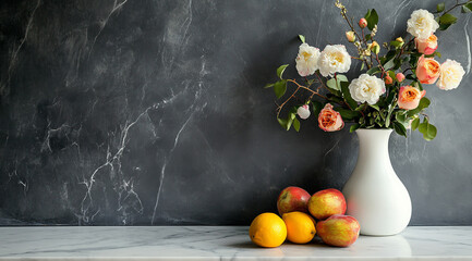 White marble countertop with flowers and fruit, dark gray wall background,