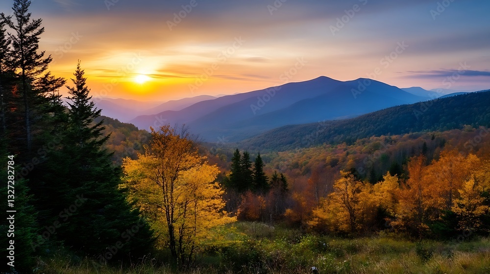 Poster breathtaking autumn landscape with colorful trees overlooking mountains at sunset : generative ai