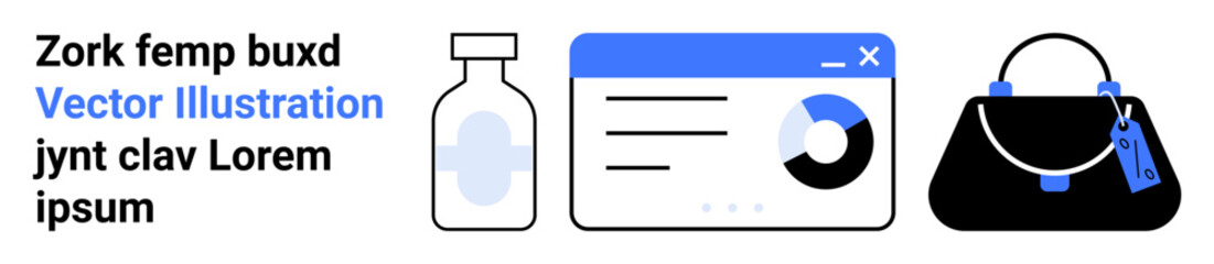 Medical vial, analytics dashboard, handbag with tag. Ideal for health, data analysis, fashion, branding, e-commerce, technology flat landing page banner