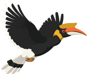 Colorful hornbill bird soaring gracefully in a clear sky, showcasing vibrant plumage in a flat vector art style
