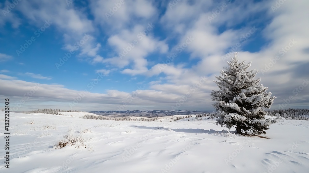 Poster snowy landscape with frosted tree against a bright blue sky and clouds in winter : generative ai