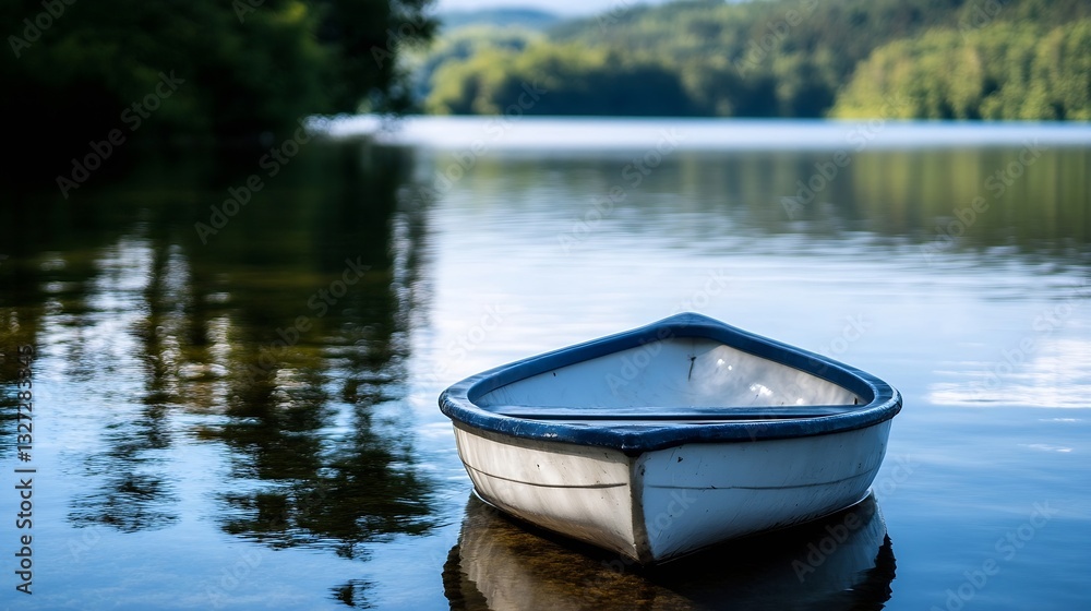 Poster serene still lake with a solitary boat floating gently amidst the tranquil surroundings : generative