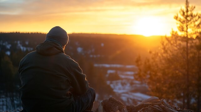Silhouette of a man sitting on a rocky ledge watching a breathtaking sunset over a tranquil valley : Generative AI