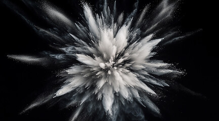 White powder explosion on a black background, with white and black elements in a flat lay composition.
