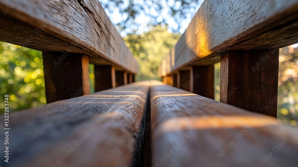 Poster closeup perspective of wooden texture showing nature's beauty through sunlight filtering down a narr