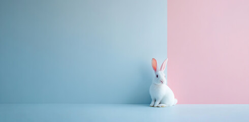 White rabbit on a pastel blue and pink background with copy space, banner design.