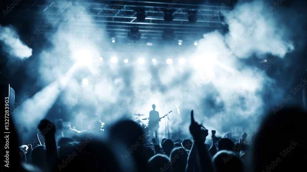 Poster dynamic music concert scene with energetic crowd and stage lights : generative ai
