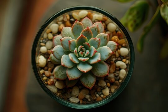 Overhead Closeup of Echeveria Succulent in Glass Planter with Decorative Pebbles