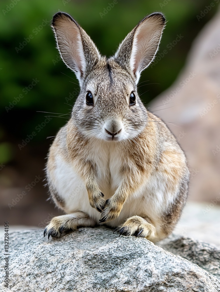 Poster Curious rabbit sitting on a rock displaying its adorable features and fluffy fur in natural surroundings : Generative AI
