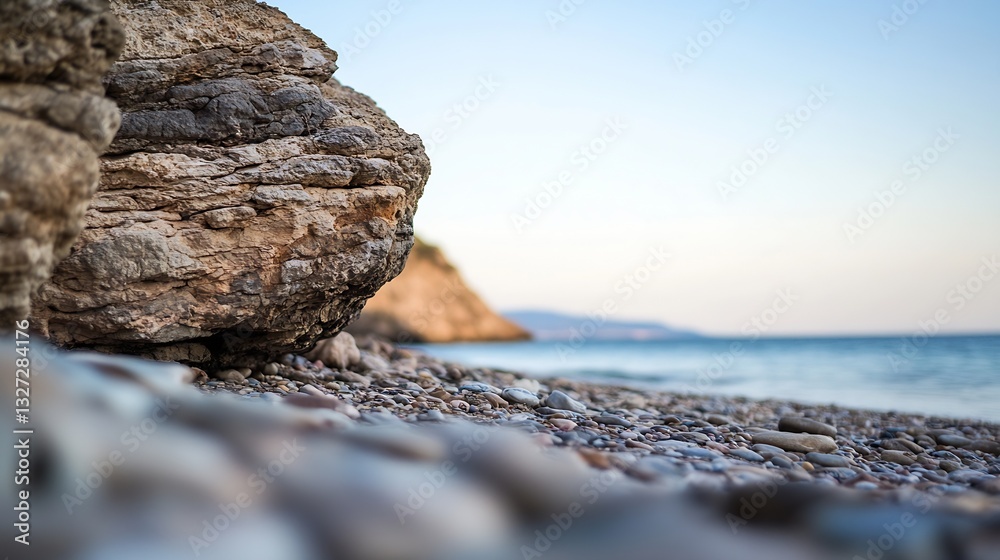 Poster serene beach landscape featuring smooth stones and gentle ocean waves : generative ai