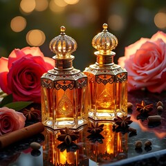 Golden Perfume Bottles with Roses Luxurious