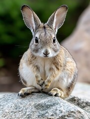 Fototapeta premium Curious rabbit sitting on a rock displaying its adorable features and fluffy fur in natural surroundings : Generative AI