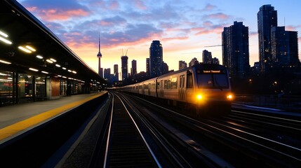 Obraz premium Urban sunset scene showcasing a modern train approaching a station with dramatic skyline and vibrant colors in the background : Generative AI
