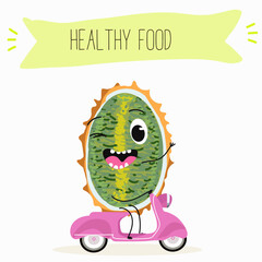 Bael fruit cute funny cheerful characters with different poses and emotions, wood apple whole and sliced. Vector hand drawn illistration.