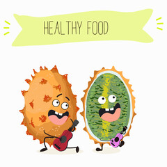 Bael fruit cute funny cheerful characters with different poses and emotions, wood apple whole and sliced. Vector hand drawn illistration.