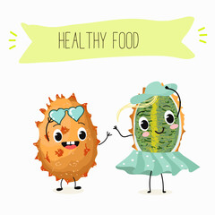 Bael fruit cute funny cheerful characters with different poses and emotions, wood apple whole and sliced. Vector hand drawn illistration.