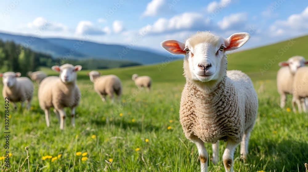 Poster charming sheep with fluffy wool standing proudly in a sunlit green meadow surrounded by fellow sheep