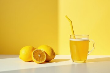 Fototapeta premium Refreshing lemonade with lemons on yellow backdrop