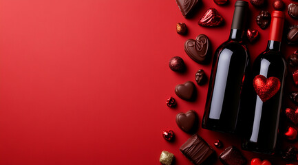 Wine bottles, chocolates, and candies on a red background with copy space for a Valentine's Day celebration or Christmas holiday greeting card banner.